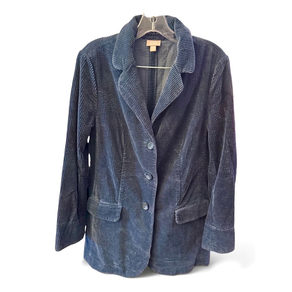 J Jill Petite M grey blue Corduroy Blazer Velvet Collar 100% Cotton Jacket